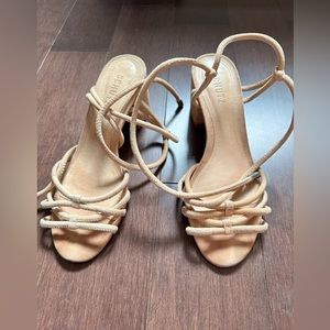 Schultz mid block heeled suede sandal with strappy lace up in size 8 Blush color